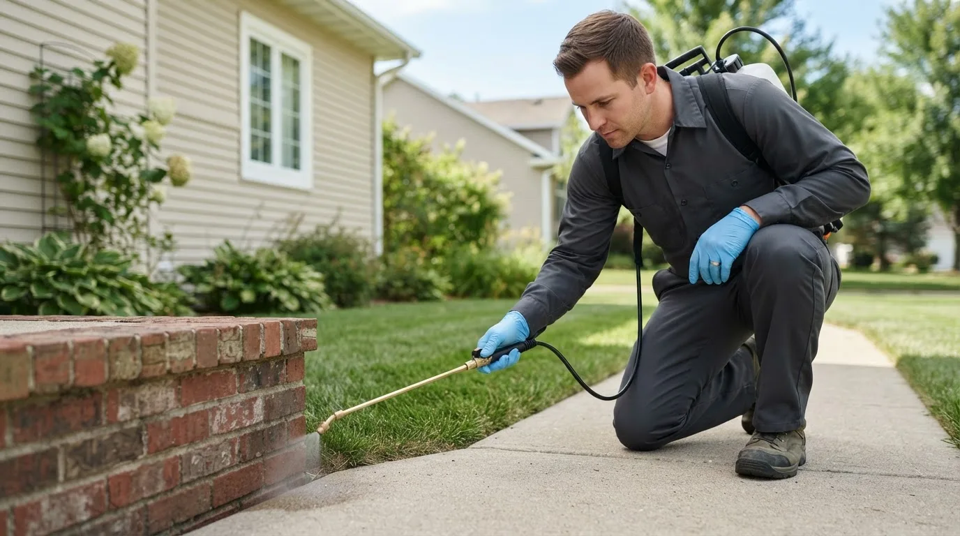 Pest control technician treating a home near Abbot, ME