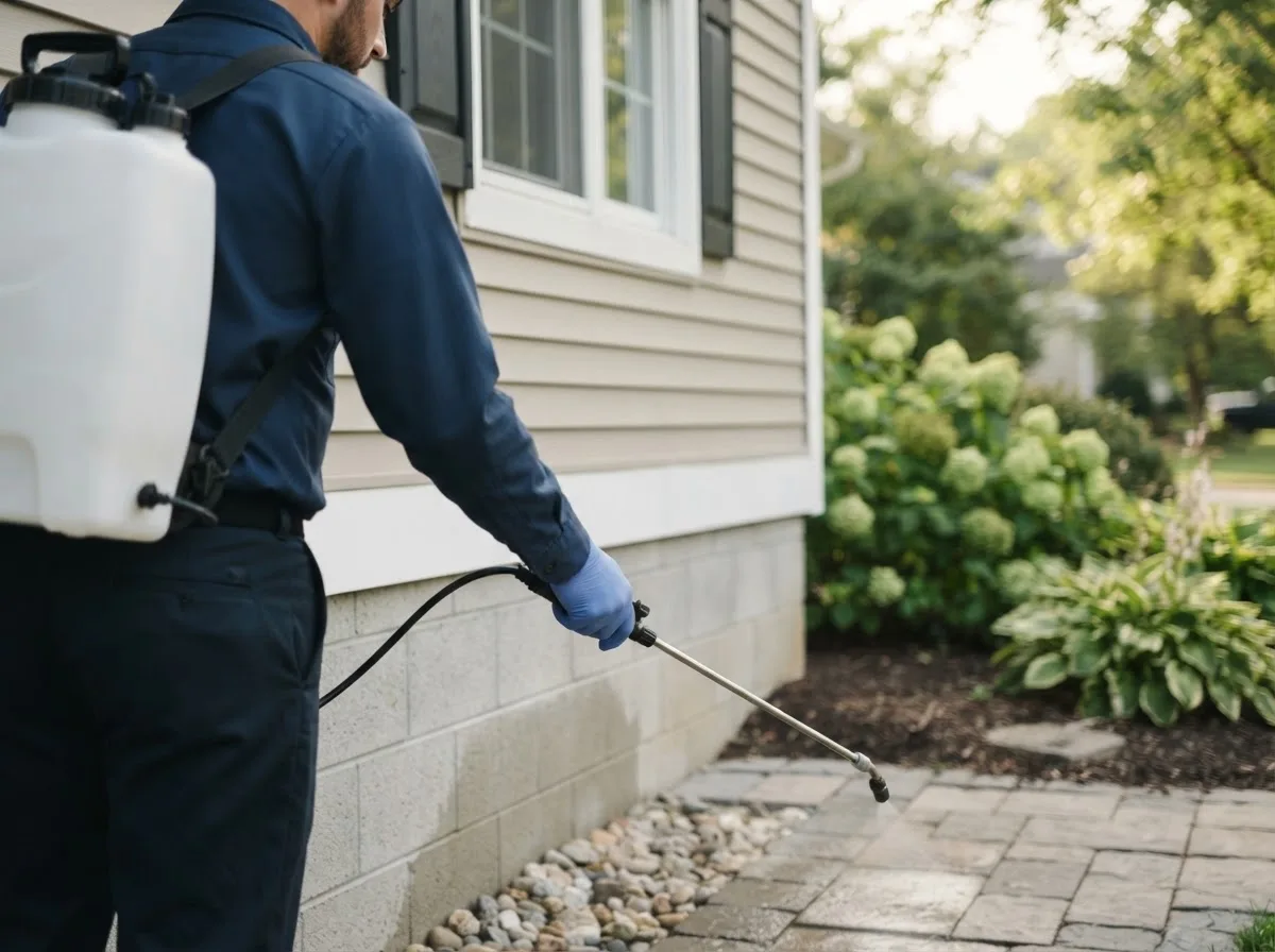 Pest control technician inspecting a home in Abbot, ME